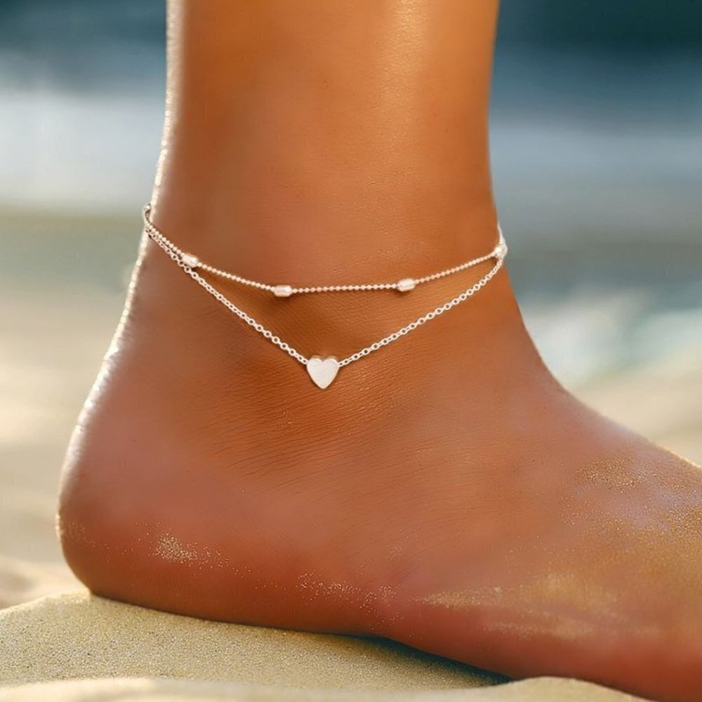 Layered Look Chain Anklet Silver Tone Heart and Beads Ankle Bracelet Boho‎ Beach